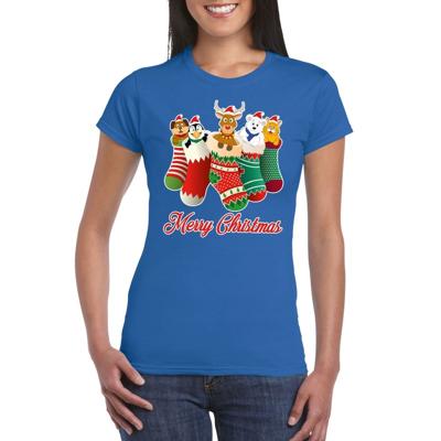 Foute Kerst t-shirt - kerstsokken met diertjes - Merry Christmas - blauw - voor dames - kersttruien