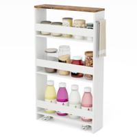 Rolbare 4-Lagen Smalle Keuken Opslag Trolley met Zij Handvat Ruimtebesparende Smalle Voorraadkast Planken Kar Wit