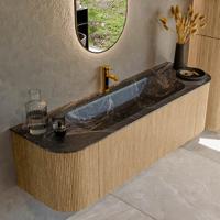 Mondiaz KURVE-DLUX 150 cm Onderkast Greeploos 1 Lade Met Deuren Oak, Wastafel Solid Surface Midden Lava 1 Kraangat Zonder Spiegel (KRVBGM150L+R1L2D1KM-Oak/Lav)