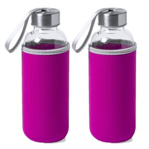 2x Stuks glazen waterfles/drinkfles met fuchsia roze softshell bescherm hoes 420 ml