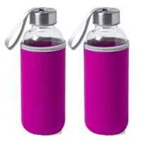 2x Stuks glazen waterfles/drinkfles met fuchsia roze softshell bescherm hoes 420 ml - thumbnail