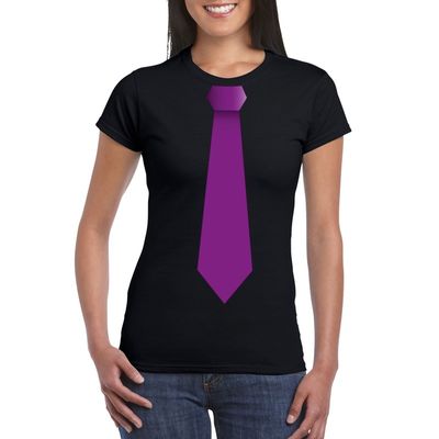 Zwart t-shirt met paarse stropdas dames