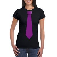 Zwart t-shirt met paarse stropdas dames
