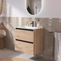 Saqu Gaia voorgemonteerd badmeubel met zwarte greeplijst incl. matte keramische wastafel 61x46cm naturel eiken