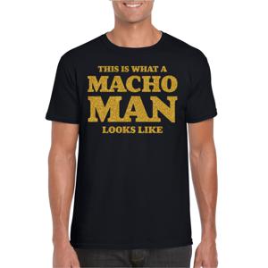 Foute party t-shirt voor heren - macho man - zwart - glitter goud - carnaval/themafeest