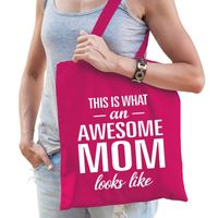 Katoenen cadeau moeder tasje awesome mom fuchsia roze - thumbnail