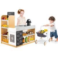 Houten Supermarktset voor Kinderen met Winkelkarretje 2 Schoolborden Kassa Boodschappenset met Uitstalplanken