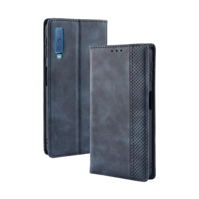 Magnetische Buckle retro textuur horizontale Flip lederen case voor Galaxy A7 (2018) met houder & kaartsleuven & portemonnee (blauw)