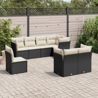 8-delige Loungeset met kussens poly rattan zwart