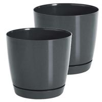 Plantenpot/bloempot met opvangschaal - Set van 2x stuks - kunststof - antraciet - D18 x H17 cm - bin