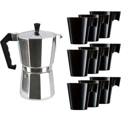Aluminium moka/koffiemaker met 9x zwarte kopjes