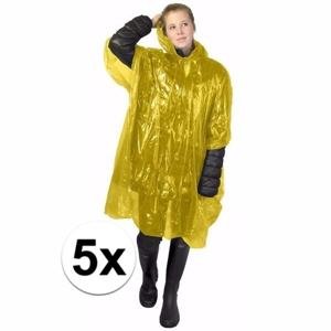 Wegwerp regenponcho - 5x - geel - voor volwassenen - met capuchon - budget line