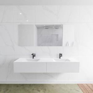 Mondiaz Lagom Cloud White badmeubel wit mat 180 cm 2 lades solid surface dubbele spoelbak 2 kraangaten