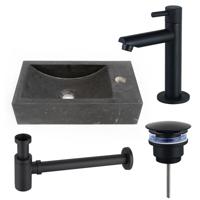Saniclass Fuente fonteinset - 40x22 - 1 kraangat - rechts - natuursteen - fonteinkraan zwart mat - donker SW696235/SW696205/SW696215/SW728242