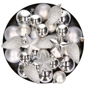 Kerstversiering kunststof kerstballen zilver 6-8-10 cm pakket van 62x stuks