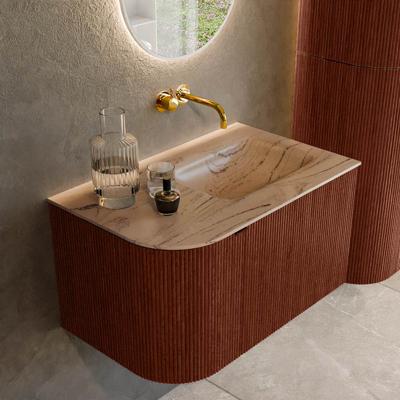 Badmeubel Mondiaz Kurve-Dlux | 75 cm | Meubelkleur Ruby | Wastafelkleur Arena | Solid surface | Wasbak rechter zijde spoelbak | Zonder kraangat(en)