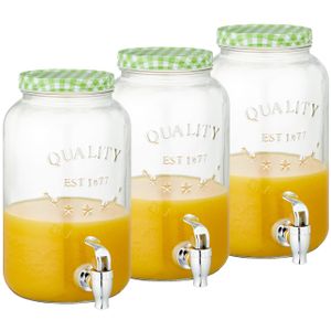 Set van 3x stuks glazen drankdispensers/limonadetap met groen/wit geblokte dop 3,5 liter