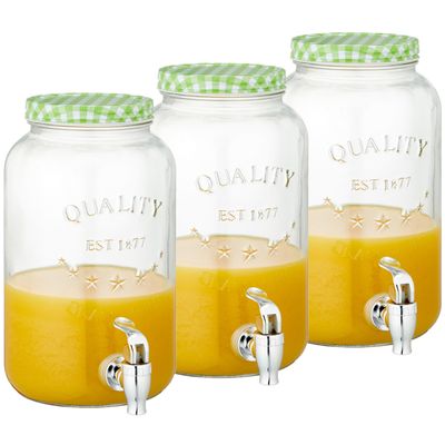 Set van 3x stuks glazen drankdispensers/limonadetap met groen/wit geblokte dop 3,5 liter