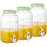 Set van 3x stuks glazen drankdispensers/limonadetap met groen/wit geblokte dop 3,5 liter