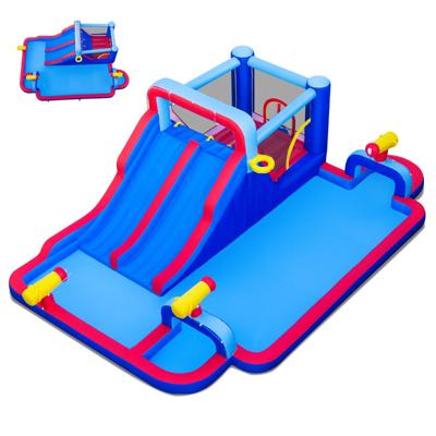 Een Opblaasbare Trampoline Zonder Ventilator met Glijbanen aan Beide Zijden een Waterspeelbak en een Springgedeelte