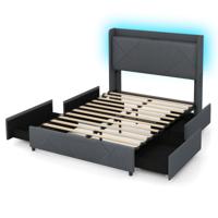 Tweepersoonsbedframe Inclusief LED-Verlichting Gestoffeerd Platformbed met Oplaadstation 2 Opbergtassen en 4 Lades Grijs (200 x 140 cm)