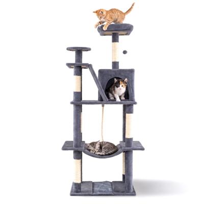 Krabpaal 158 cm Hoge Kattenkoepel met Meerdere Verdiepingen met Zachte Uitkijkplaats Bovenaan Hol Hangmat Sisal Krabpaal & Helling & Hangtouw Bungelende Bal-Donkergrijs