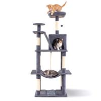 Krabpaal 158 cm Hoge Kattenkoepel met Meerdere Verdiepingen met Zachte Uitkijkplaats Bovenaan Hol Hangmat Sisal Krabpaal & Helling & Hangtouw Bungelende Bal-Donkergrijs