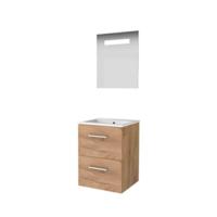 Basic-Line Economic 46 Badkamermeubelset - 50 x 46 cm - Met Grepen - 2 Lades - Keramische Wastafel - 1 Kraangat - Spiegel met LED Verlichting - Whisky Oak