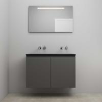 On-Line Badkamermeubelset - 100 cm - Bouwpakket - Greeploze Ladestructuur - Acryl Wastafel - zonder Kraangat - Spiegel met LED-Verlichting - Mat Antraciet