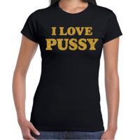 Foute party t-shirt dames - I love pussy - zwart - glitter goud - carnaval/themafeest - thumbnail