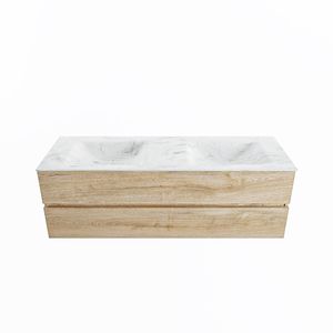 MONDIAZ VICA-DLUX 150cm badmeubel onderkast Washed Oak 2 lades. Inbouw wastafel CLOUD dubbel zonder kraangat, kleur Opalo.