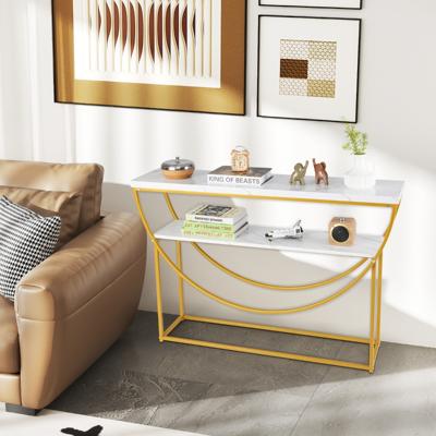 Consoletafel met 2 Niveaus en een Blad van Imitatiemarmer Salontafel met Opbergplank en Duurzaam Metalen Frame Moderne Presentatietafel