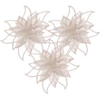 Kerstboomversiering bloemen op clip - 3x st- wit - 14 cm - glitters