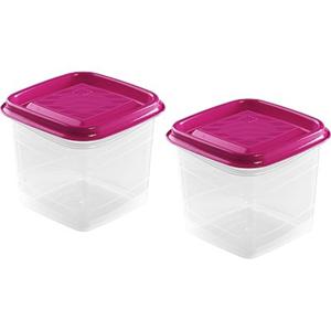 Vershoudbakjes Hega - set van 2x stuks - 0.7 liter - transparant/fuchsia - L11 x B11 x H12 cm