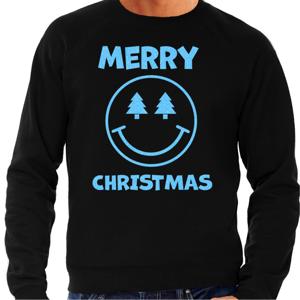 Foute Kersttrui/sweater voor heren - Merry Christmas - Smile Emoticon - zwart - glitter blauw