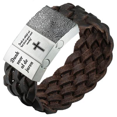 Vingerafdruk op je armband - Zwart of bruin gevlochten leren Armband (Kleur: Bruin gevlochten leer)