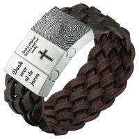 Vingerafdruk op je armband - Zwart of bruin gevlochten leren Armband (Kleur: Bruin gevlochten leer)