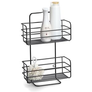 Douche/badkamer rekje 2-laags - zuignappen - metaal - zwart - H38 cm