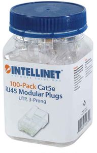 Intellinet 502399 Intellinet verpakking van 100 stuks Cat5e modulaire RJ45-stekkers UTP 3-voudige klem voor massieve draad 100 stekkers per pot 502399
