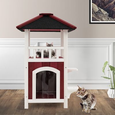 Houten Kattenhuis met 2 Verdiepingen Asfaltdak Balkon Regengordijn Springplatforms Verwijderbare Vloer Weerbestendig