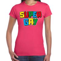 Bellatio Decorations Gay Pride T-shirt voor dames - super gay - fuchsia - pride - regenboog - LHBTI 2XL  - - thumbnail