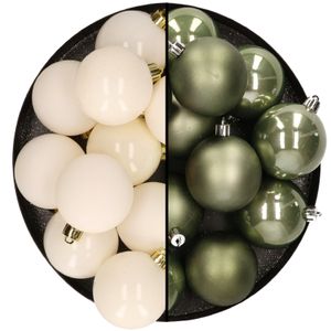 Kunststof kerstballen 6 cm - 24x stuks - wol wit en groen