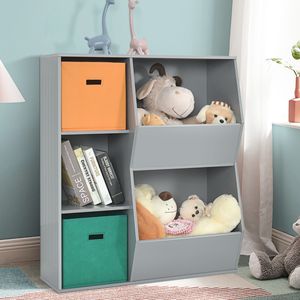 3-Vaks Kinderplank met 2 Extra Manden Moderne Staande Opbergkast voor Kinderen Opbergplank met 5 Vakken Grijs