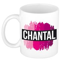 Chantal naam cadeau koffie mok - beker - met roze verfstrepen - Cadeau collega - moederdag