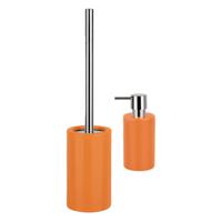 Spirella Badkamer accessoires set - WC-borstel/zeeppompje - porselein - oranje - Badkameraccessoireset