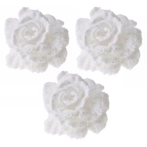 6x Kerstboomversiering bloemen op clip witte kerstbloemen 10 cm