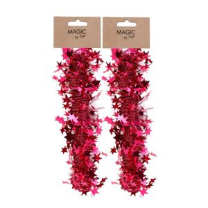 Spiraal kerstslingers - 2x - rood - folie - 750 cm - met sterren - kerstboomslingers