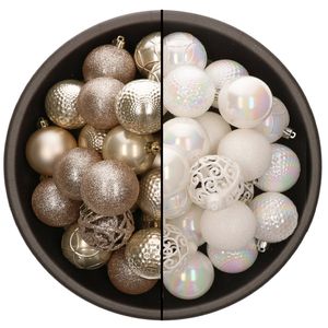 74x stuks kunststof kerstballen mix van champagne en parelmoer wit 6 cm - Kerstbal