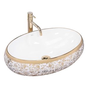 Waskom REA Meryl | 60x14.5 cm | Keramiek | Vrijstaand | Ovaal | Wit glans goud