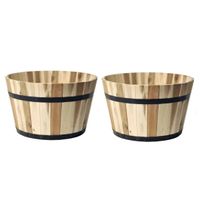 Plantenbak/bloempot - 2x - Low Barrel - acacia hout - naturel bruin - D33 x H21 cm